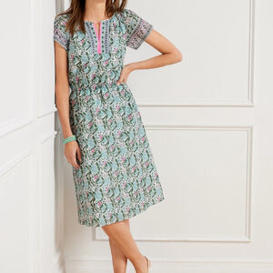 Talbots VOILE FIT FLARE floral smocked DRESS short sleeve PRIMROSE midi size 10